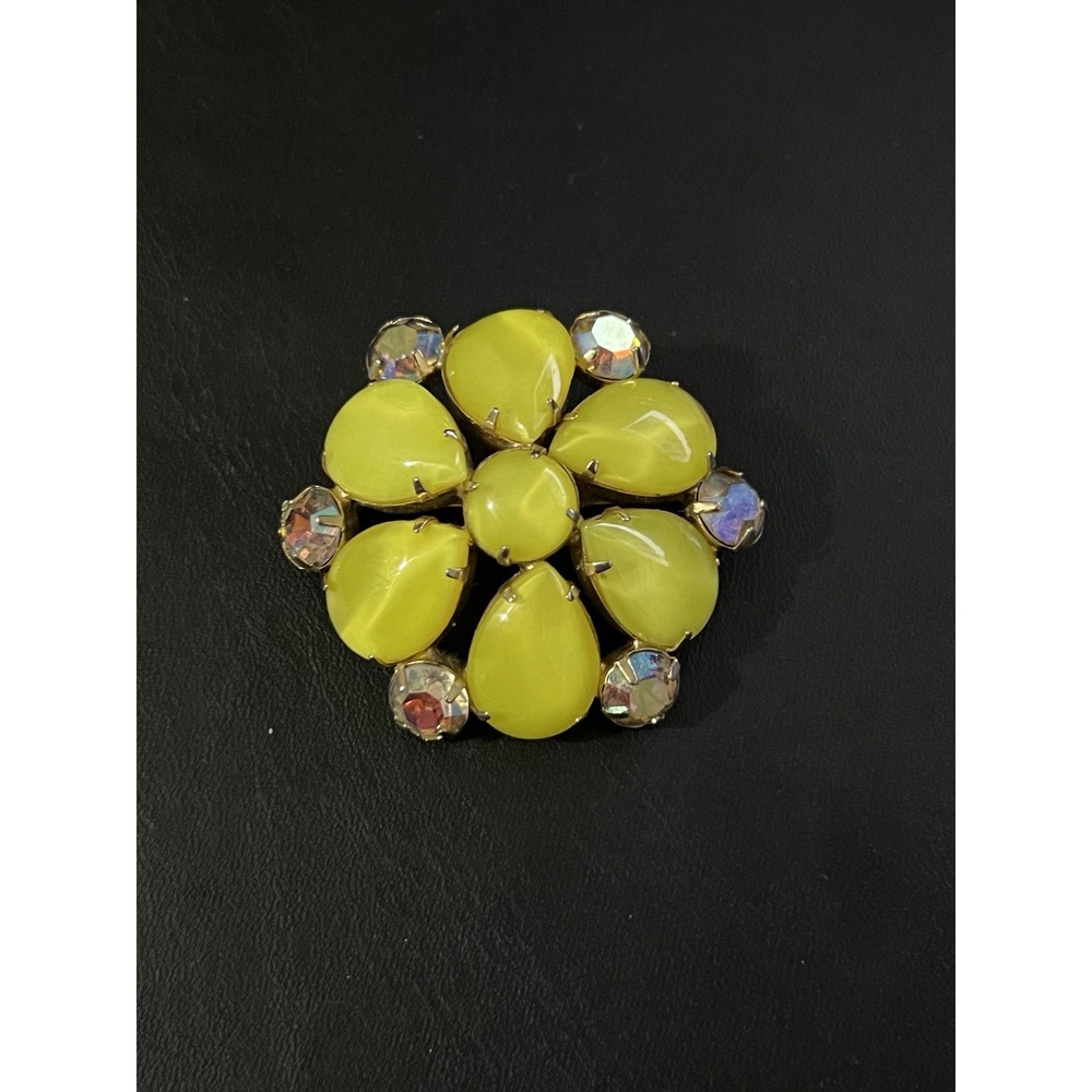 VINTAGE yellow GLASS aurora borealis RHINESTONE BROOCH pin prong - Picture 5 of 13